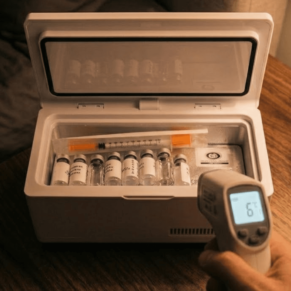 Thermometer showing cold temperature on vials